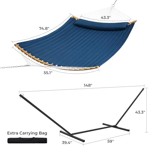 SUPERJARE Curved-Bar Hammock with Stand, 2 Person Heavy Duty Hammock Frame, Detachable Pillow & Portable Carrying Bag, Perfect for Outdoor & Indoor, Navy Blue