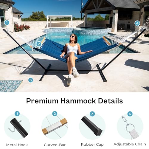 SUPERJARE Curved-Bar Hammock with Stand, 2 Person Heavy Duty Hammock Frame, Detachable Pillow & Portable Carrying Bag, Perfect for Outdoor & Indoor, Navy Blue