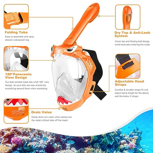 Full Face Snorkel Mask for Kids, Kids Snorkeling Set 180 Degree Panoramic View, Safe Anti-Leak Anti-Fog, Foldable Dry Top Snorkeling Gear for Kids Adult