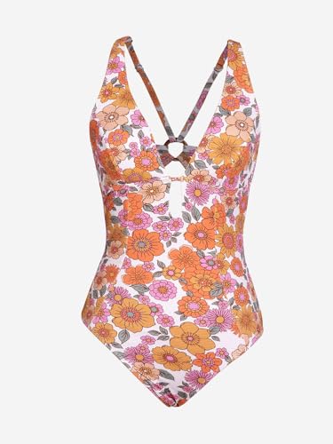 CUPSHE Women's One Piece Swimsuit Deep V Neck Keyhole Cutout O Ring Textured Floral Bathing Suit