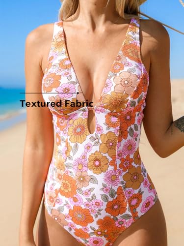 CUPSHE Women's One Piece Swimsuit Deep V Neck Keyhole Cutout O Ring Textured Floral Bathing Suit