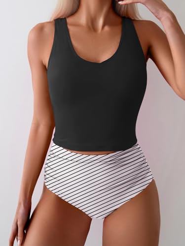 Eomenie Two Piece Tankini Swimsuits for Women Tummy Control Bathing Suits Cutout Back Swim Tank Top with High Waisted Bottom