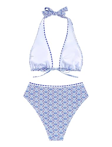 ZAFUL 2 Piece Bikini Sets Halter High Waisted Bathing Suits Sexy Ethnic Embroidery Swimsuits