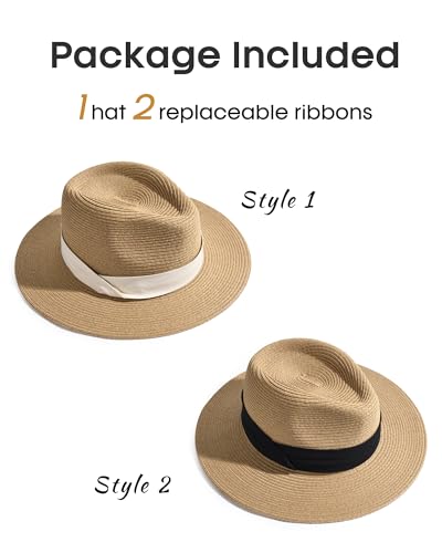 FURTALK Panama Hat Sun Hats for Women Men Wide Brim Fedora Straw Beach Hat UV UPF 50