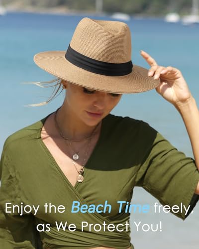 FURTALK Panama Hat Sun Hats for Women Men Wide Brim Fedora Straw Beach Hat UV UPF 50