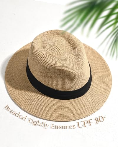 FURTALK Panama Hat Sun Hats for Women Men Wide Brim Fedora Straw Beach Hat UV UPF 50