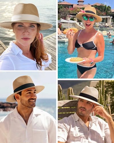 FURTALK Panama Hat Sun Hats for Women Men Wide Brim Fedora Straw Beach Hat UV UPF 50