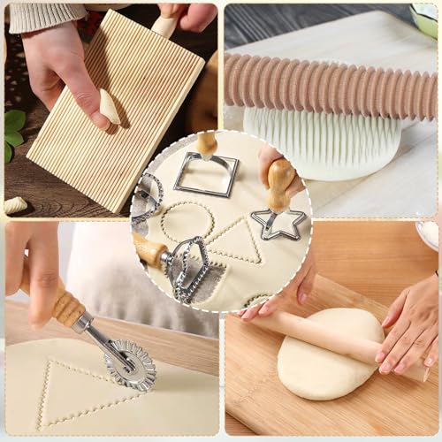 Pasta Making Tool Set of 11, Ravioli Maker Cutter Stamp Set, 1 Pasta Cutter Wheel with 1 Dough Roller, 1 Wood Gnocchi Board with 1 Ravioli Rolling Pin, Pasta Maker Tools for Lasagna, Pierogi