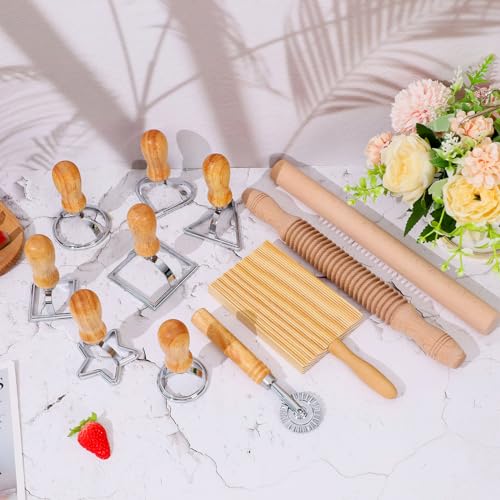 Pasta Making Tool Set of 11, Ravioli Maker Cutter Stamp Set, 1 Pasta Cutter Wheel with 1 Dough Roller, 1 Wood Gnocchi Board with 1 Ravioli Rolling Pin, Pasta Maker Tools for Lasagna, Pierogi