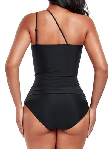 Women's Two Piece Tankini Swimsuits One Shoulder Tummy Control Keyhole Bathing Suits Swim Top with Bottom Modest Swimwear