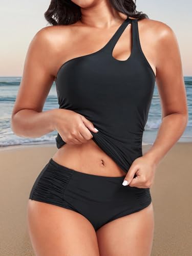 Women's Two Piece Tankini Swimsuits One Shoulder Tummy Control Keyhole Bathing Suits Swim Top with Bottom Modest Swimwear