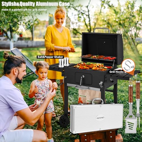 35pcs Deluxe Grilling Gifts Set for Birthday Christmas, Stainless Steel BBQ Accessories Kit for Men Dad, Professional Grill Tools Utensils with Scissors, Meat Claws in Aluminum Case Brown