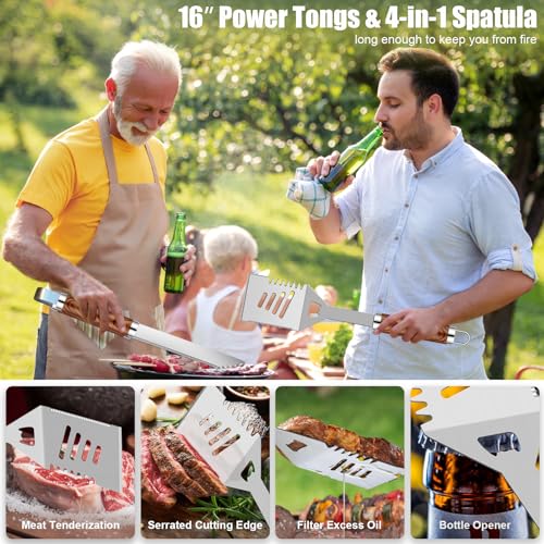 35pcs Deluxe Grilling Gifts Set for Birthday Christmas, Stainless Steel BBQ Accessories Kit for Men Dad, Professional Grill Tools Utensils with Scissors, Meat Claws in Aluminum Case Brown