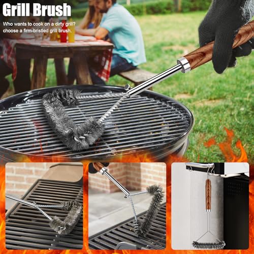 31pcs Stainless Steel BBQ Grill Accessories Set for Men Dad, Heavy Duty Grilling Tools for Outdoor Camping, BBQ Utensils Kit with Mats, Grill Brush in Carrying Bag Brown