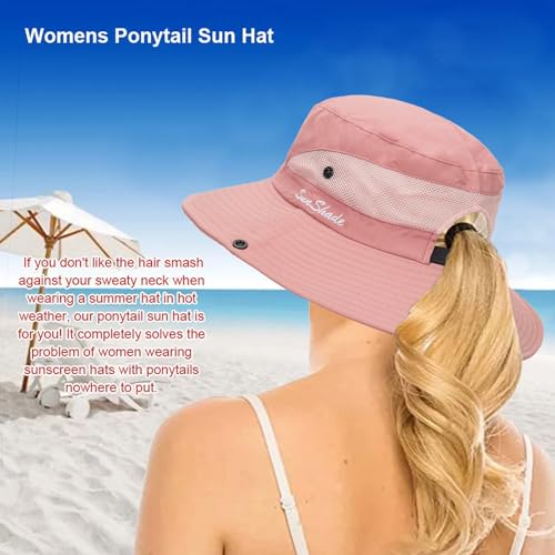 Womens Summer Sun Hat Beach Hat Wide Brim Outdoor UV Protection Hat Packable Mesh Bucket Hat with Ponytail Hole