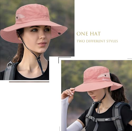 Womens Summer Sun Hat Beach Hat Wide Brim Outdoor UV Protection Hat Packable Mesh Bucket Hat with Ponytail Hole