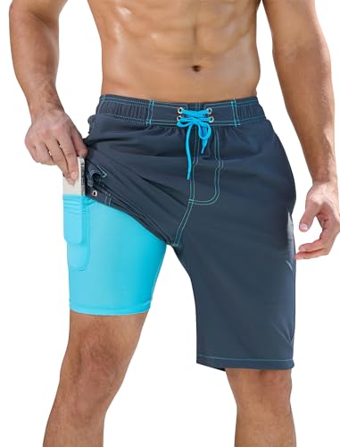 SILKWORLD Mens Swim Trunks with Compression Liner Quick-Dry 10" Stretch Beach Shorts