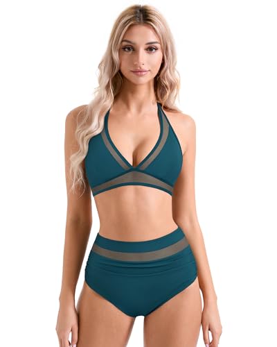 SUUKSESS Women Sexy High Waist Bikini Sets Mesh Tummy Control 2 Piece Swimsuits