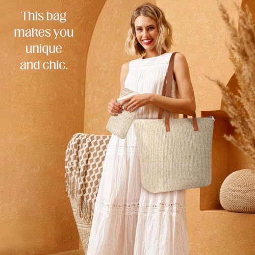 Straw Tote Bag, Large Woven Beach Bag - Summer Beach Hobo Handbag Leather Handle for Women Travel Vacation Shopping