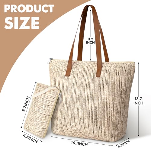 Straw Tote Bag, Large Woven Beach Bag - Summer Beach Hobo Handbag Leather Handle for Women Travel Vacation Shopping