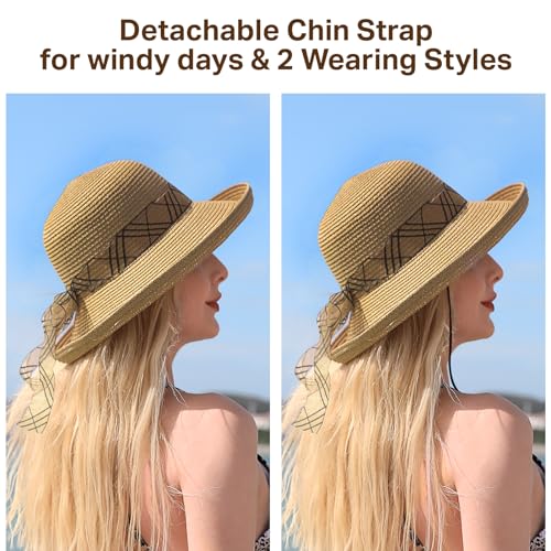 Beach Sun Hats for Women - Wide Brim Straw Womens Summer Hat with Wind Lanyard Roll Up, Foldable Beach Hat UV Protection