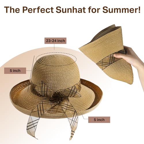 Beach Sun Hats for Women - Wide Brim Straw Womens Summer Hat with Wind Lanyard Roll Up, Foldable Beach Hat UV Protection