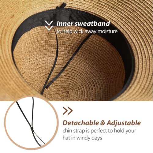 Beach Sun Hats for Women - Wide Brim Straw Womens Summer Hat with Wind Lanyard Roll Up, Foldable Beach Hat UV Protection