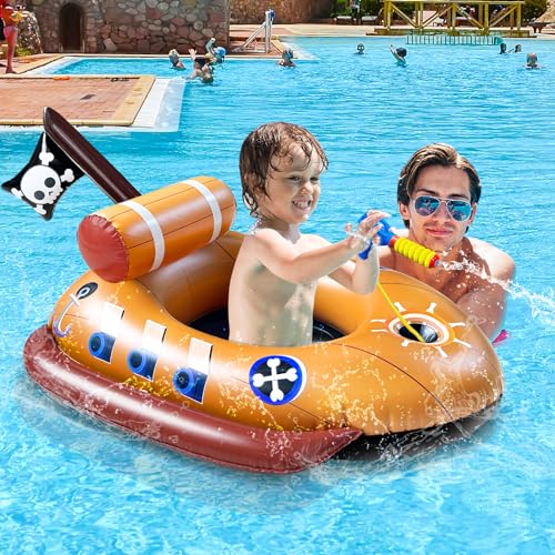 [Water Squirt Guns] Pirate Ship Pool Float for Kids 3-11 Years, Inflatable Battle Swimming Pool Toys Fun Ride-ons Floaties for Toddler Boys Girls Summer Outdoor Pool Party Gift Toys Games