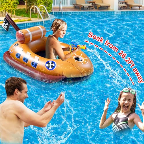 [Water Squirt Guns] Pirate Ship Pool Float for Kids 3-11 Years, Inflatable Battle Swimming Pool Toys Fun Ride-ons Floaties for Toddler Boys Girls Summer Outdoor Pool Party Gift Toys Games