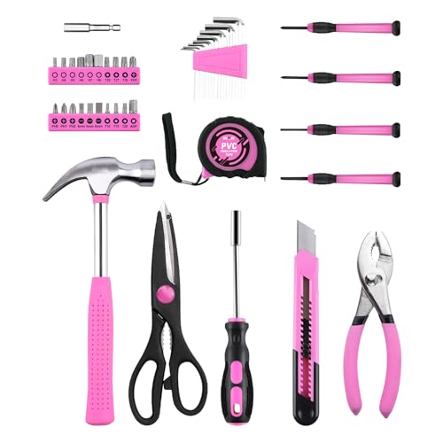 DOWELL 40 Pcs Home Tool Kit General Household Hand Pink Tool Set with Plastic Toolbox Storage Case for Home, Mini Tool kit for Women