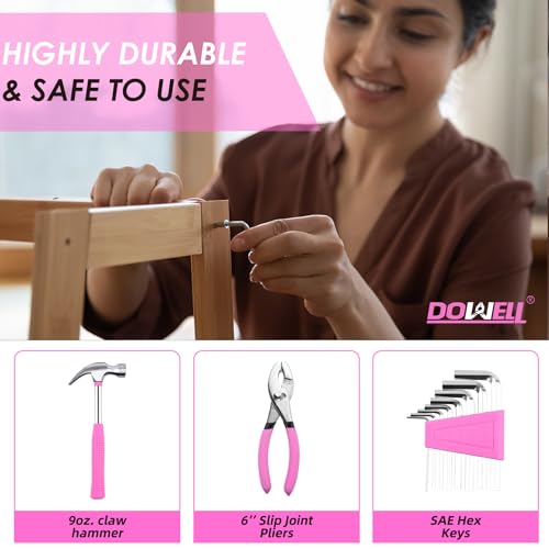 DOWELL 40 Pcs Home Tool Kit General Household Hand Pink Tool Set with Plastic Toolbox Storage Case for Home, Mini Tool kit for Women