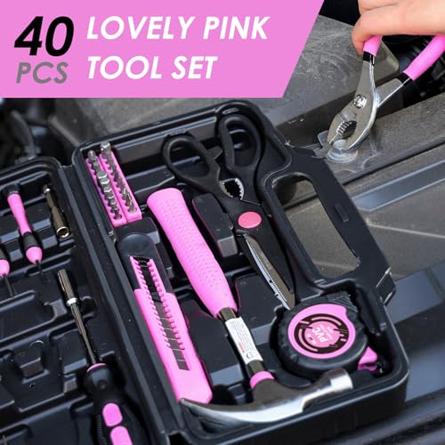 DOWELL 40 Pcs Home Tool Kit General Household Hand Pink Tool Set with Plastic Toolbox Storage Case for Home, Mini Tool kit for Women