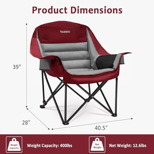 Oversized Camping Chair, Portable Folding Camping Chairs with Side Pocket, Cup Holder and Carry Bag, Heavy Duty Outdoor Camping Chairs for Adults, Fishing, Sports, Trip, up to 400lbs, Style 3