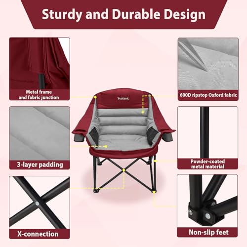 Oversized Camping Chair, Portable Folding Camping Chairs with Side Pocket, Cup Holder and Carry Bag, Heavy Duty Outdoor Camping Chairs for Adults, Fishing, Sports, Trip, up to 400lbs, Style 3