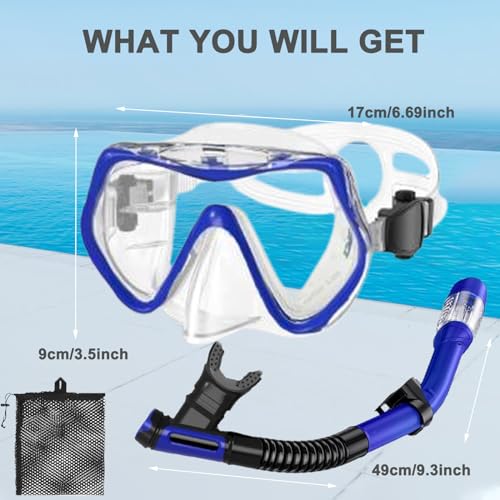 Snorkeling Gear for Adults,Otowaving Dry Snorkel Set,Panoramic View Snorkel Gear, Anti-Fog Tempered Glass Swim Mask,Snorkel for Lap Swimming Diving Scuba Training Travel Snorkel Kit