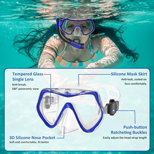 Snorkeling Gear for Adults,Otowaving Dry Snorkel Set,Panoramic View Snorkel Gear, Anti-Fog Tempered Glass Swim Mask,Snorkel for Lap Swimming Diving Scuba Training Travel Snorkel Kit