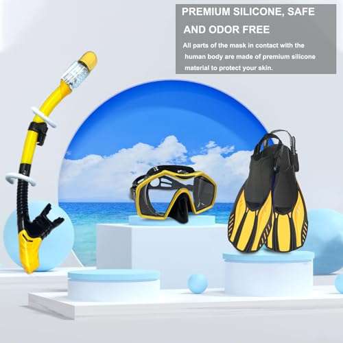 Snorkeling Gear for Adults,Mask Fins Snorkel Set,Panoramic View Diving Mask Anti-Fog,Dry Top Snorkel,Dive Flippers and Travel Bag for Swimming,Snorkeling Diving