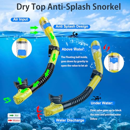 Snorkeling Gear for Adults,Mask Fins Snorkel Set,Panoramic View Diving Mask Anti-Fog,Dry Top Snorkel,Dive Flippers and Travel Bag for Swimming,Snorkeling Diving