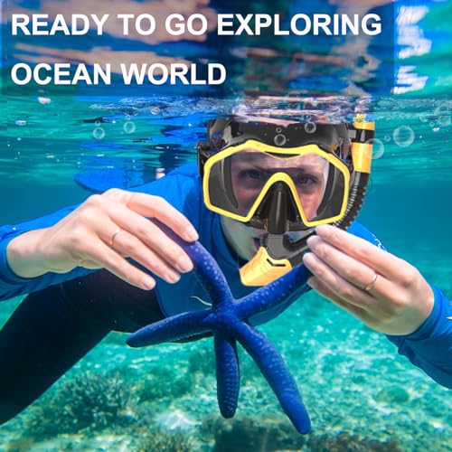 Snorkeling Gear for Adults,Mask Fins Snorkel Set,Panoramic View Diving Mask Anti-Fog,Dry Top Snorkel,Dive Flippers and Travel Bag for Swimming,Snorkeling Diving