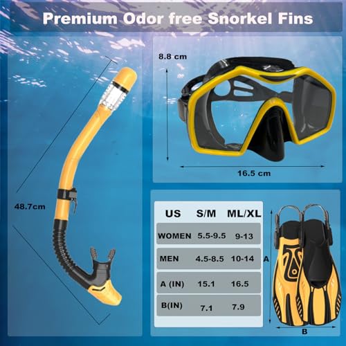 Snorkeling Gear for Adults,Mask Fins Snorkel Set,Panoramic View Diving Mask Anti-Fog,Dry Top Snorkel,Dive Flippers and Travel Bag for Swimming,Snorkeling Diving