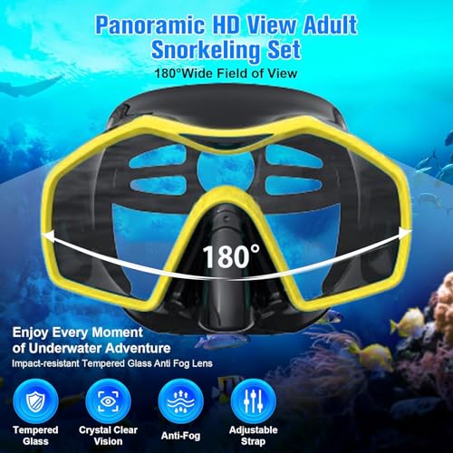 Snorkeling Gear for Adults,Mask Fins Snorkel Set,Panoramic View Diving Mask Anti-Fog,Dry Top Snorkel,Dive Flippers and Travel Bag for Swimming,Snorkeling Diving