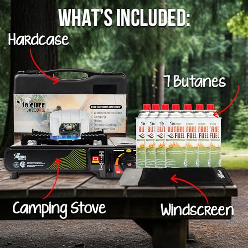 Jo Chef Butane Camping Stove with 7 Butane included - Portable Gas Stove Ideal for Camping/Road Trips, Outdoor camp Stove Includes Windshield, CSA Certified, Brass Burner Fast Heat Up Time