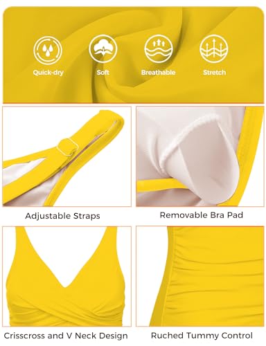 Women's One Piece Swimsuits Tummy Control Bathing Suits for Womens V Neck Criss Cross Ruched Push Up Slimming Swimwear