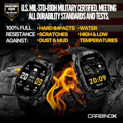 CARBINOX Vortex Smart Watch (Answer/Make Calls), Rugged Fitness Tracker IP69K Waterproof Compatible with Android and iOS Phone, 14 Days of Battery Military Durable…