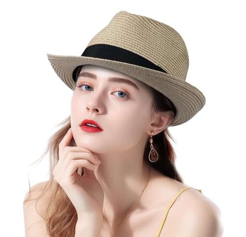 Straw Fedora Hat for Women Men Short Brim Panama Hat Roll Up Trilby Summer Beach Sun Hat UPF 50+