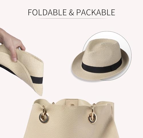 Straw Fedora Hat for Women Men Short Brim Panama Hat Roll Up Trilby Summer Beach Sun Hat UPF 50+