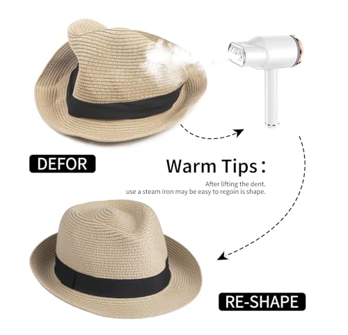 Straw Fedora Hat for Women Men Short Brim Panama Hat Roll Up Trilby Summer Beach Sun Hat UPF 50+