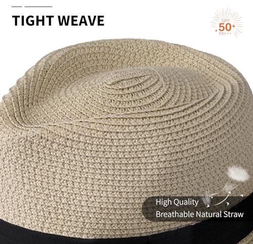 Straw Fedora Hat for Women Men Short Brim Panama Hat Roll Up Trilby Summer Beach Sun Hat UPF 50+