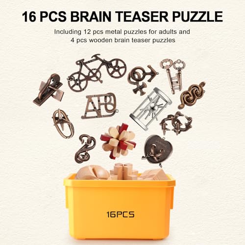 Brain Teaser Puzzles for Adults Disentanglement Puzzles Metal Wooden Brain Teaser Puzzle 16pcs Logic Metal Puzzle for Adult Kid Toy Lock Puzzles Gift for Adults Teenagers