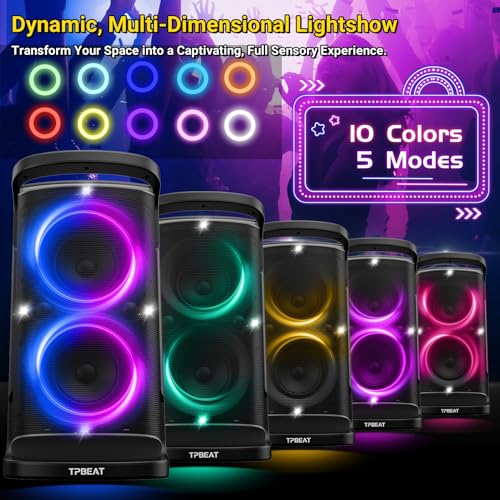 Portable Bluetooth Party Speaker: 160W Peak Powerful Loud Sound Deep Bass Wireless Boombox Large Subwoofer 15 Hours Battery Life Fast Charging with Led Light Show for Outdoor Camping Backyard